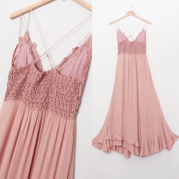Free People Adella Pink Lace flowy crinkle linen Cottagecore Y2K Maxi Dress - Picture 10 of 16
